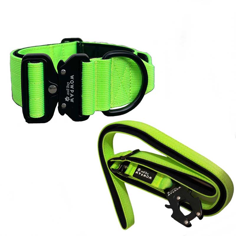 Zestaw taktycznej obroży dla psa w kolorze neonowej zieleni w rozmiarze S oraz smyczy taktycznej w kolorze neonowej zieleni