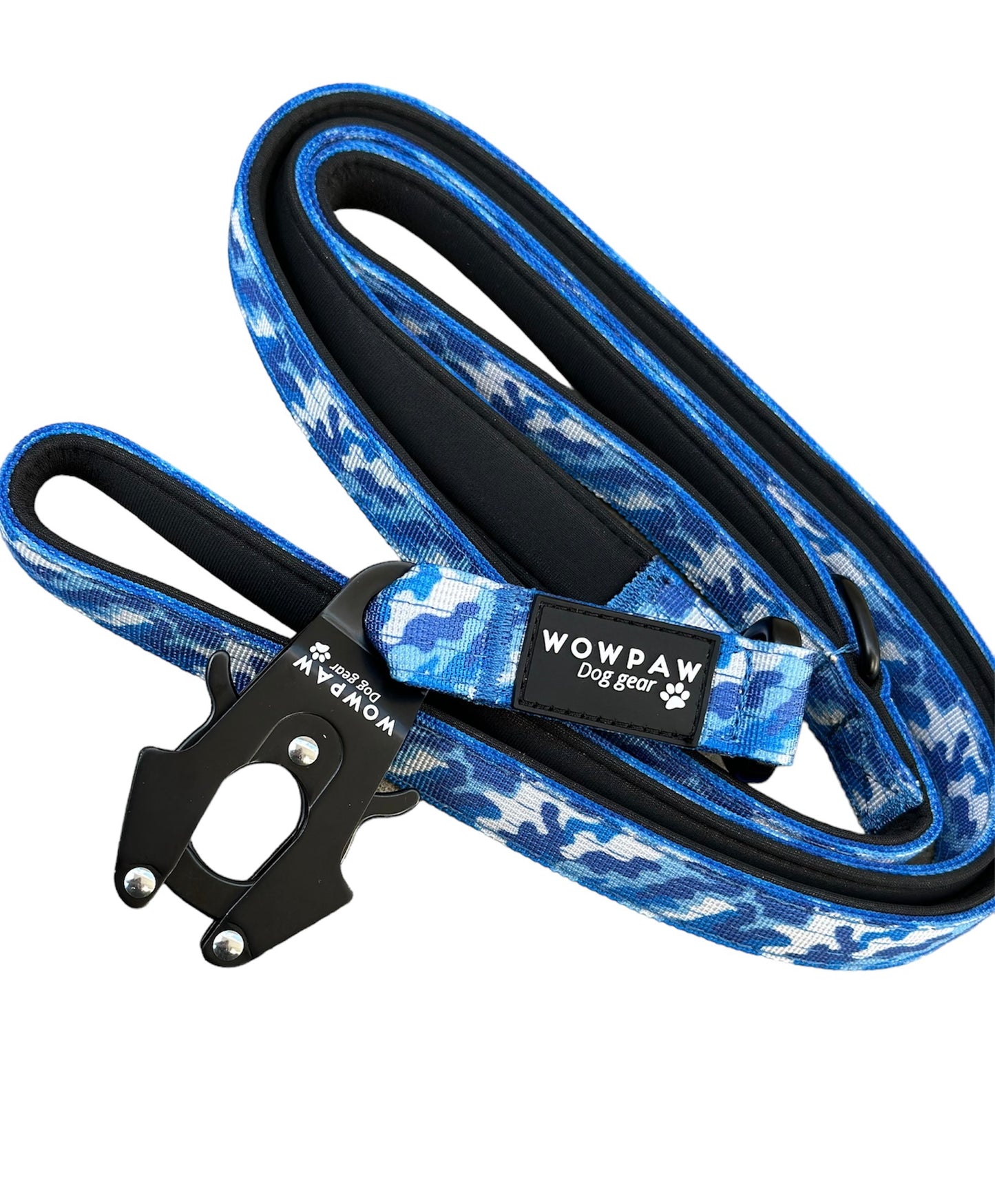 Smycz taktyczna dla psa z karabińczykiem żabkowym, obrotowa o 360°, długość 1,8m, kamuflaż niebieski